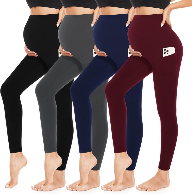 MoreFeel 4 Pack Women’s Maternity Leggings with Pockets Over The Belly Butt Lift - Soft Workout Pregnancy Yoga Pants - Image 1